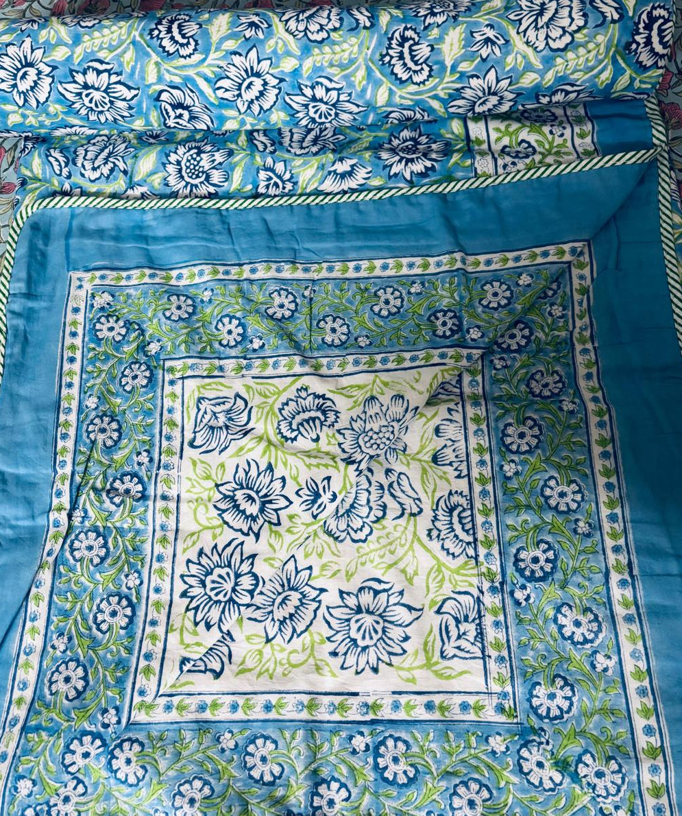 Reversible Hand Block Printed Light Blue Single Bed Dohar