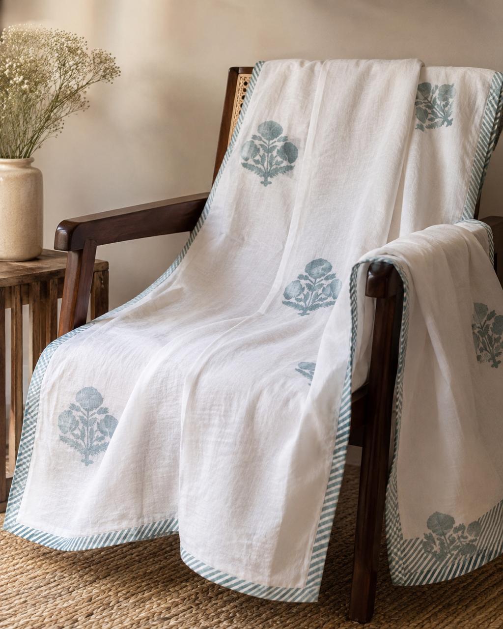 Double Bed Hand Block Printed Green Motif  Mulmul Dohar