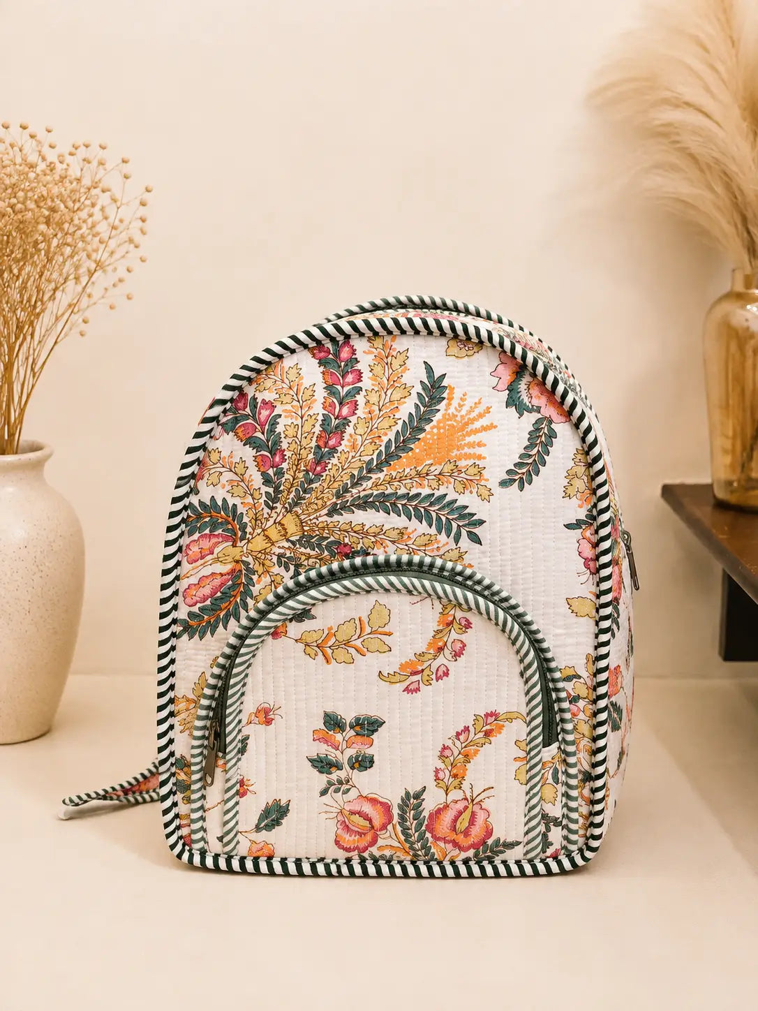 Hand Blockprinted Quilted White Backpack