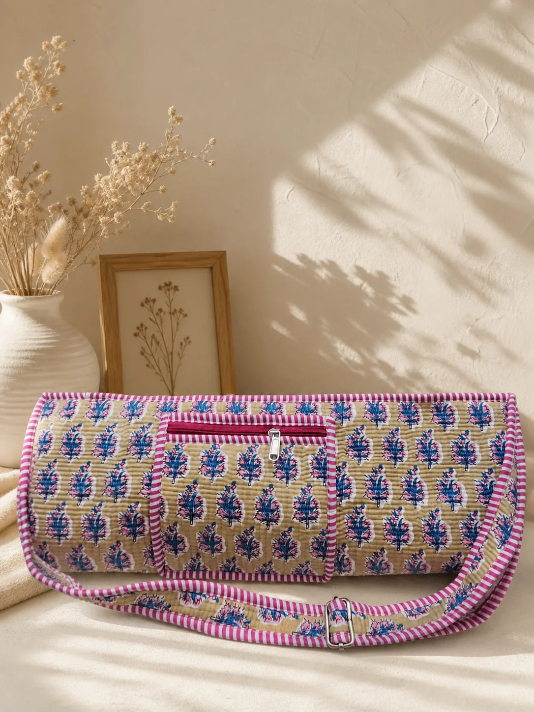 Quilted Handblock printed Beige Yoga mat cover