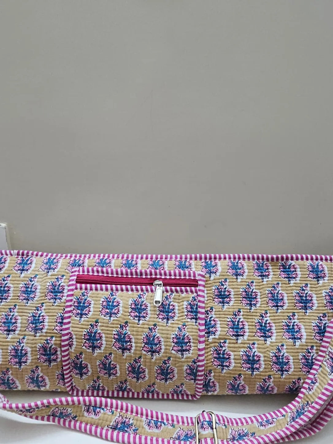 Quilted Handblock printed Beige Yoga mat cover