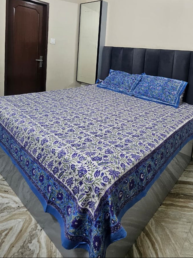 Handblock Printed Blue-White Bedsheet