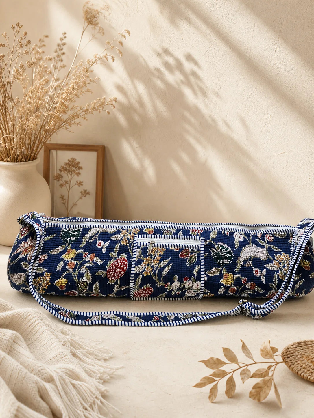 Quilted Handblock printed Blue floral Yoga mat cover