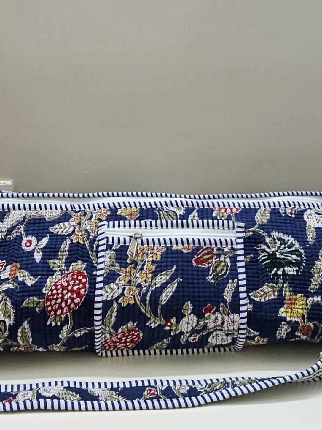 Quilted Handblock printed Blue floral Yoga mat cover