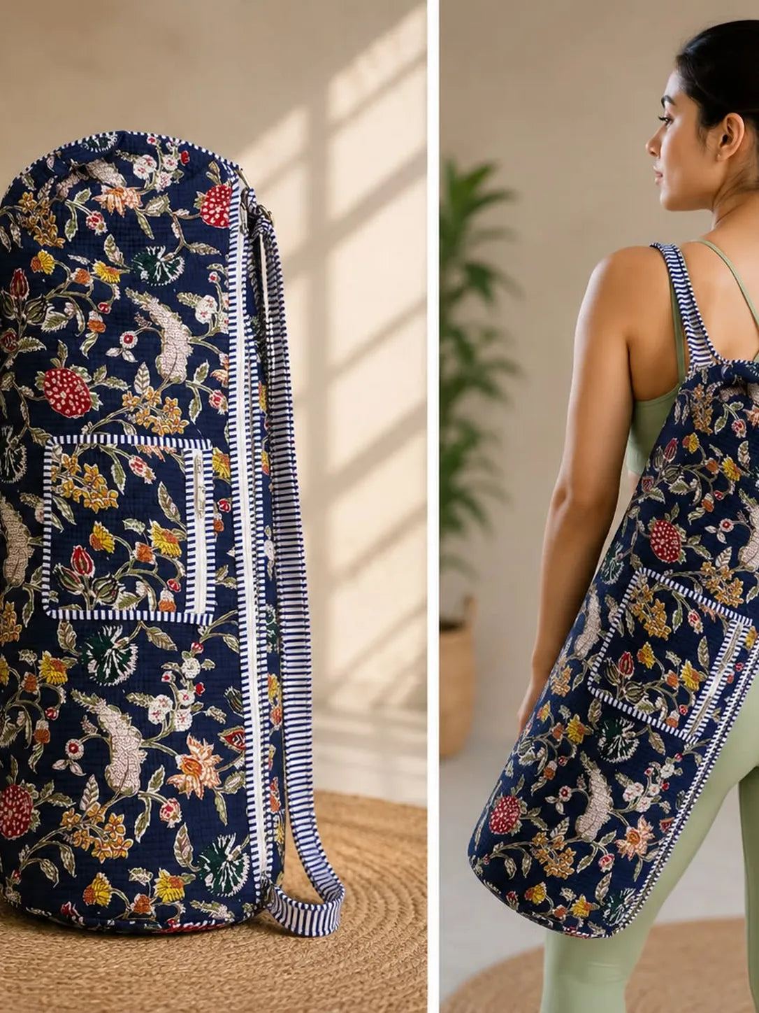 Quilted Handblock printed Blue floral Yoga mat cover