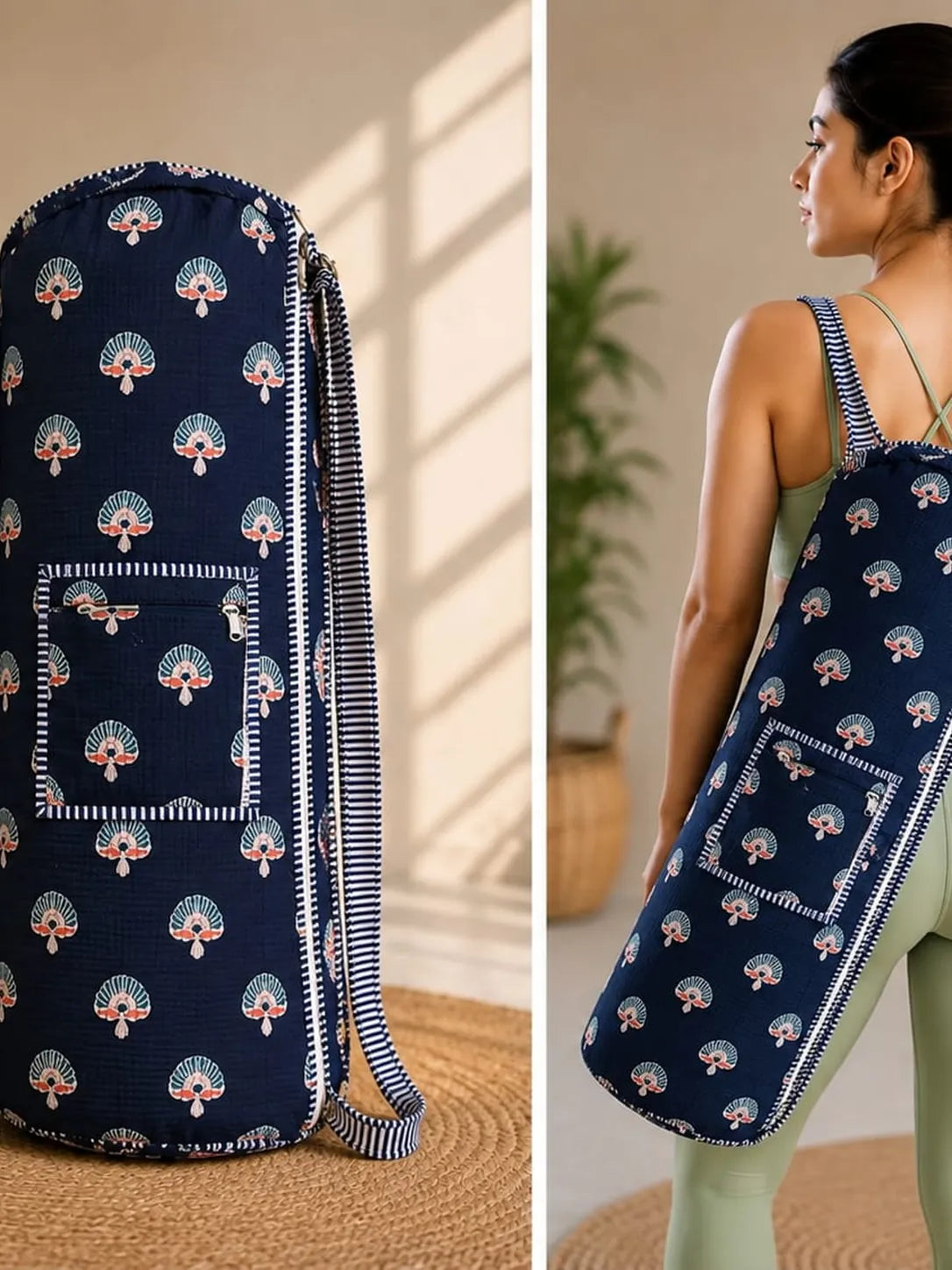 Quilted Handblock printed Blue Motif Yoga mat cover