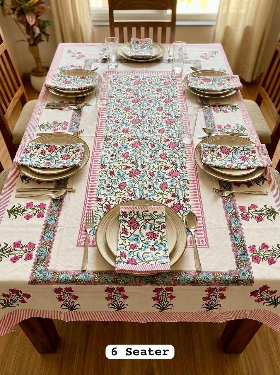 Handblock Printed Pink Lotus Dining table cover