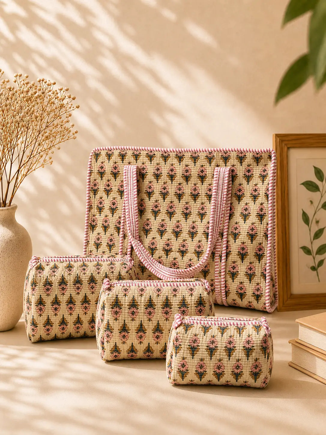 Quilted Block Printed Beige Tote bag Combo
