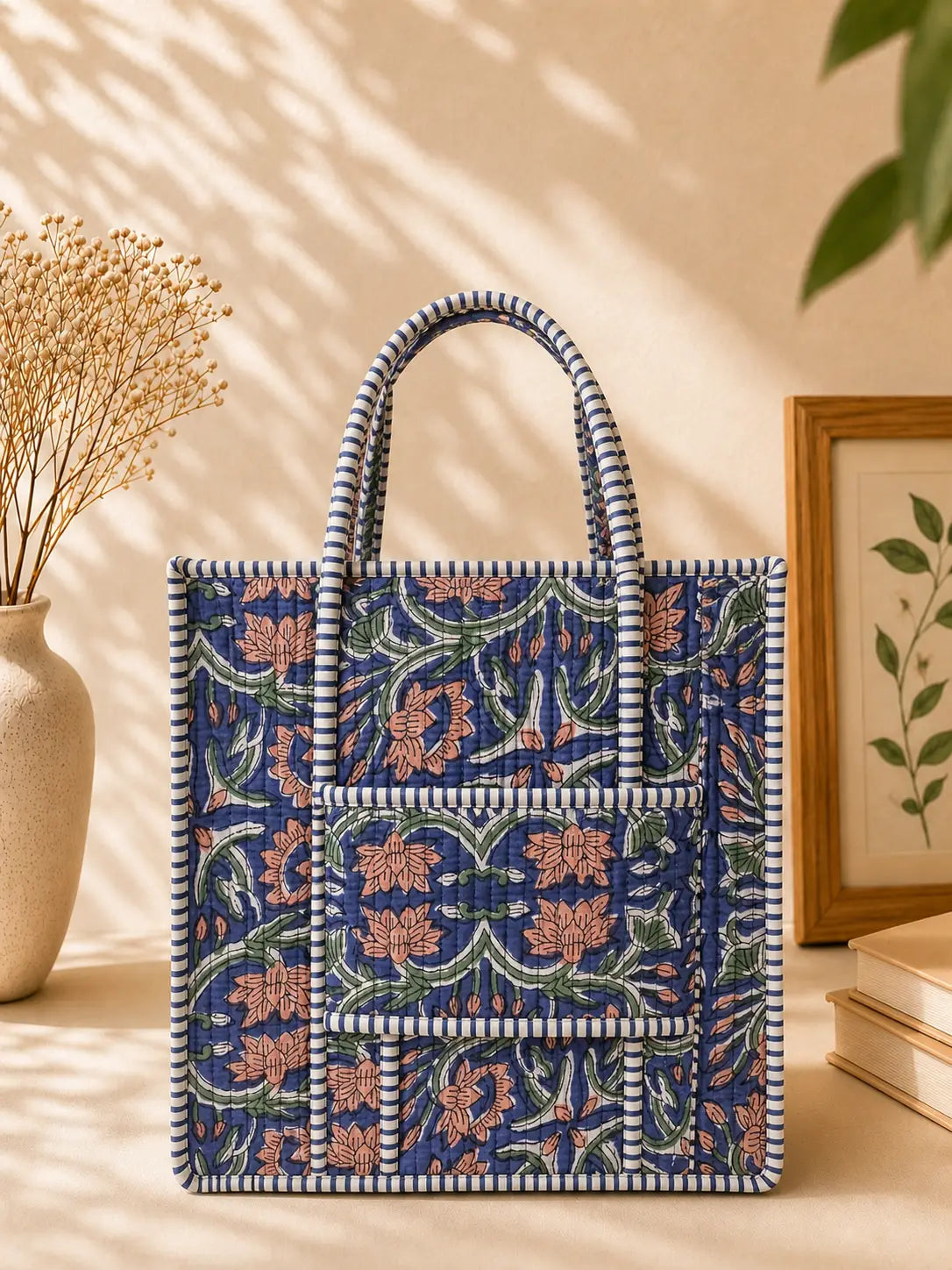 Quilted Block Printed Blue Tote bag