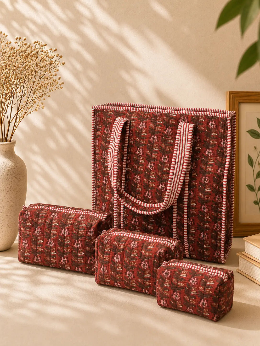 Quiilted Blockprinted Red Tote bag Combo