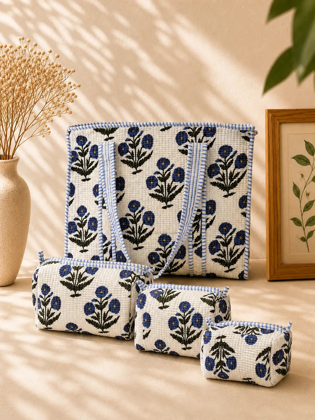 Quiilted Blockprinted White Blue Tote bag Combo