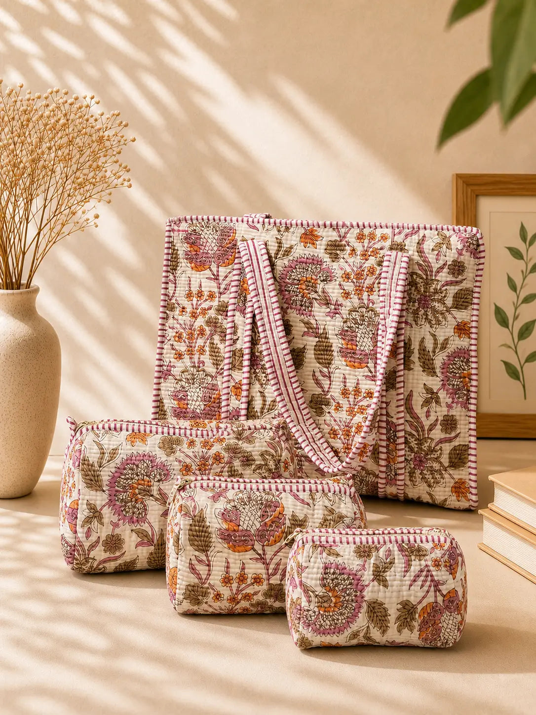 Quiilted Blockprinted White Multi Tote bag Combo