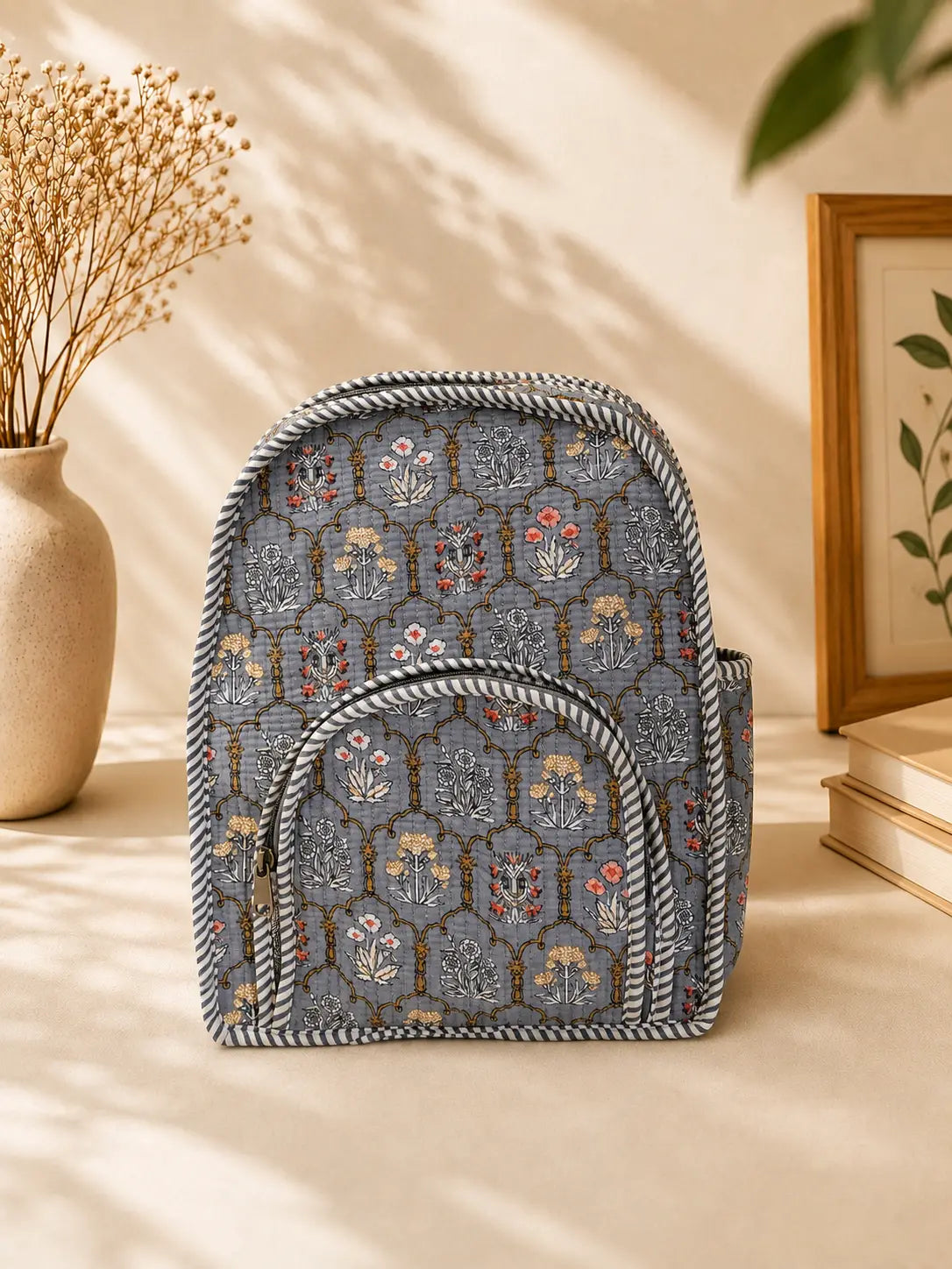 Hand Blockprinted Quilted Grey Backpack