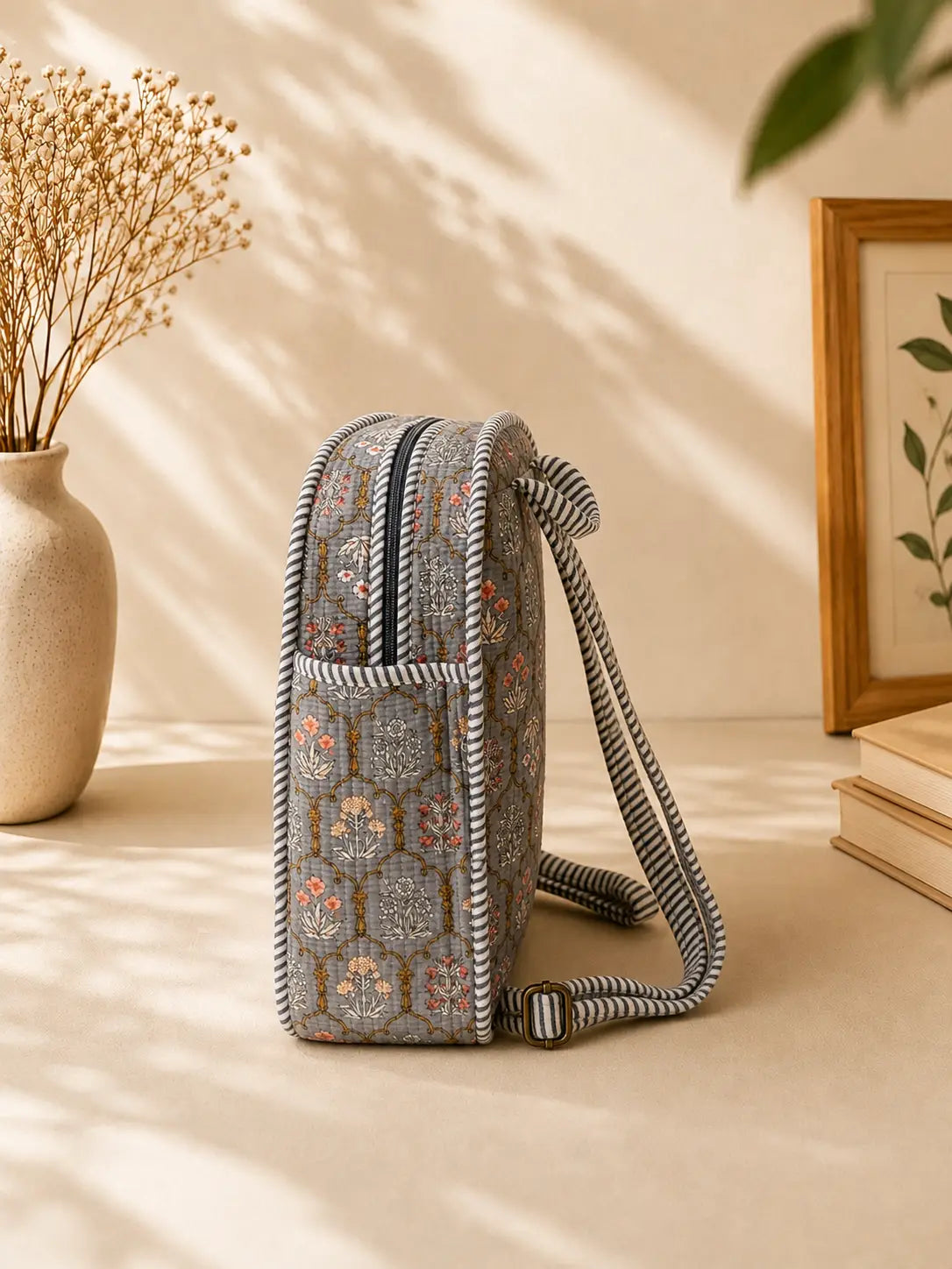 Hand Blockprinted Quilted Grey Backpack