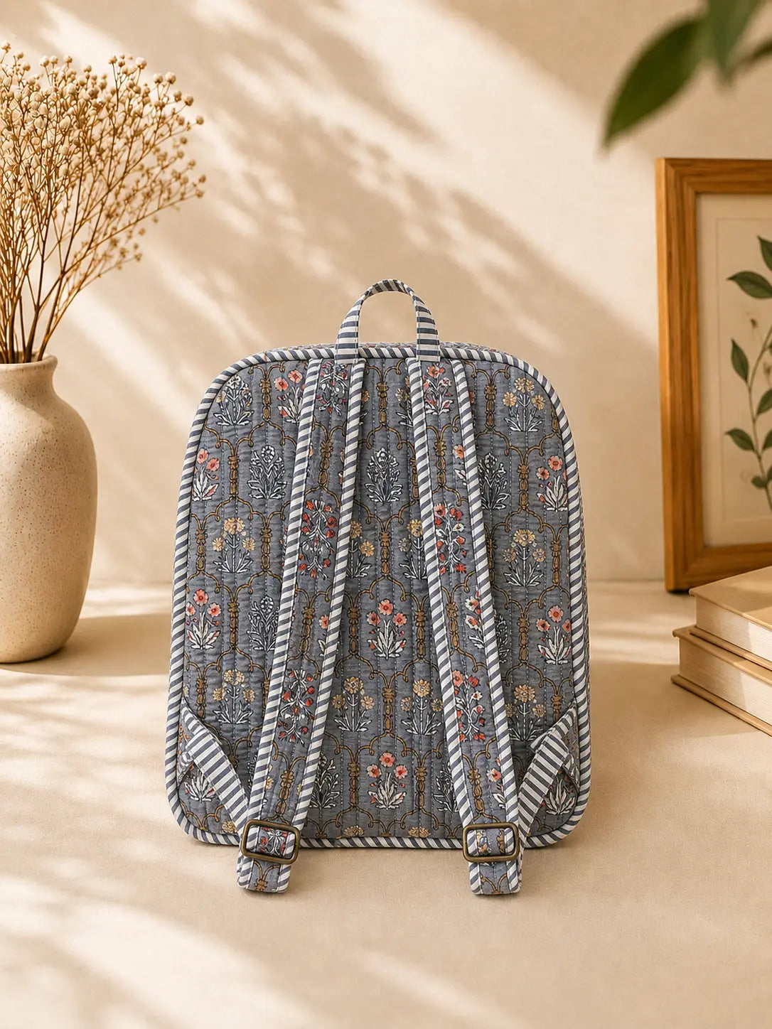 Hand Blockprinted Quilted Grey Backpack