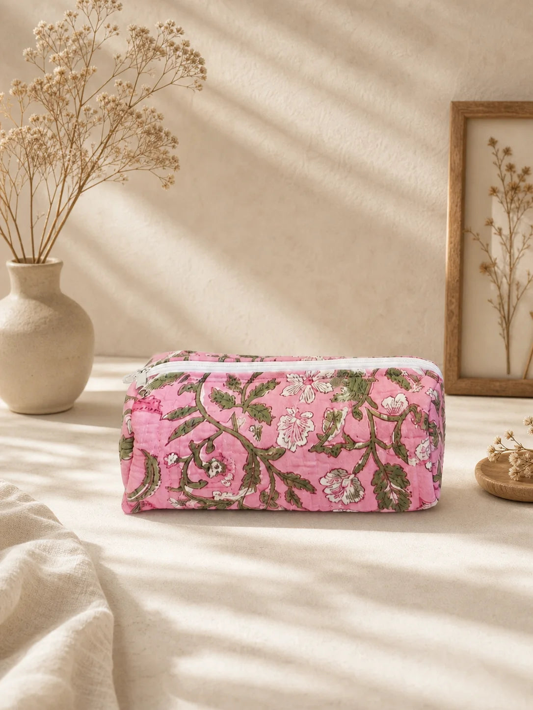 Quilted Handblock Printed pink pencil pouch