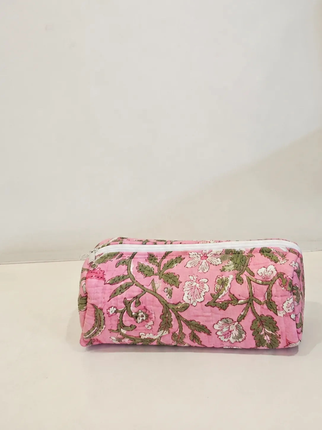 Quilted Handblock Printed pink pencil pouch