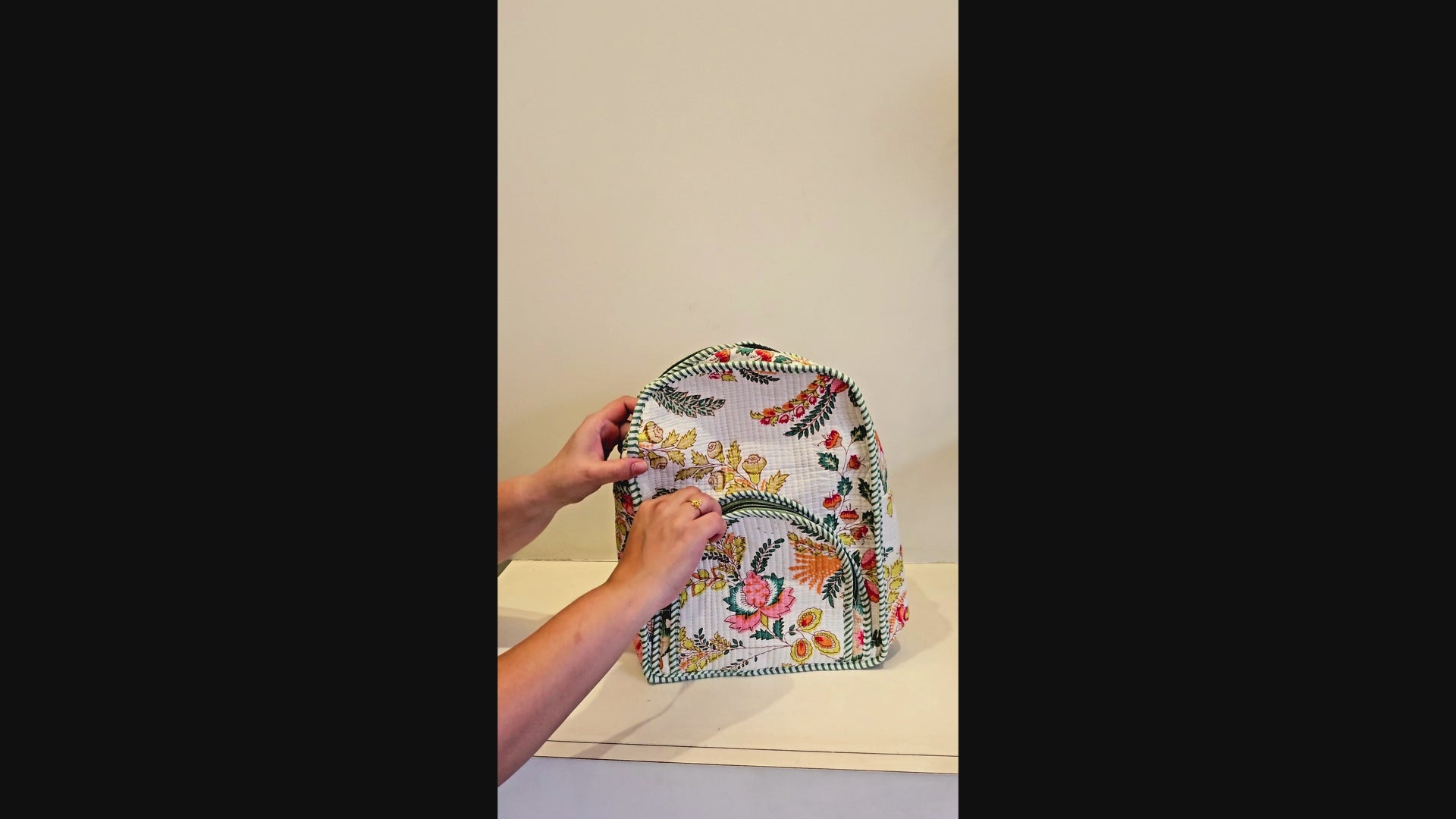 Hand Blockprinted Quilted White Backpack