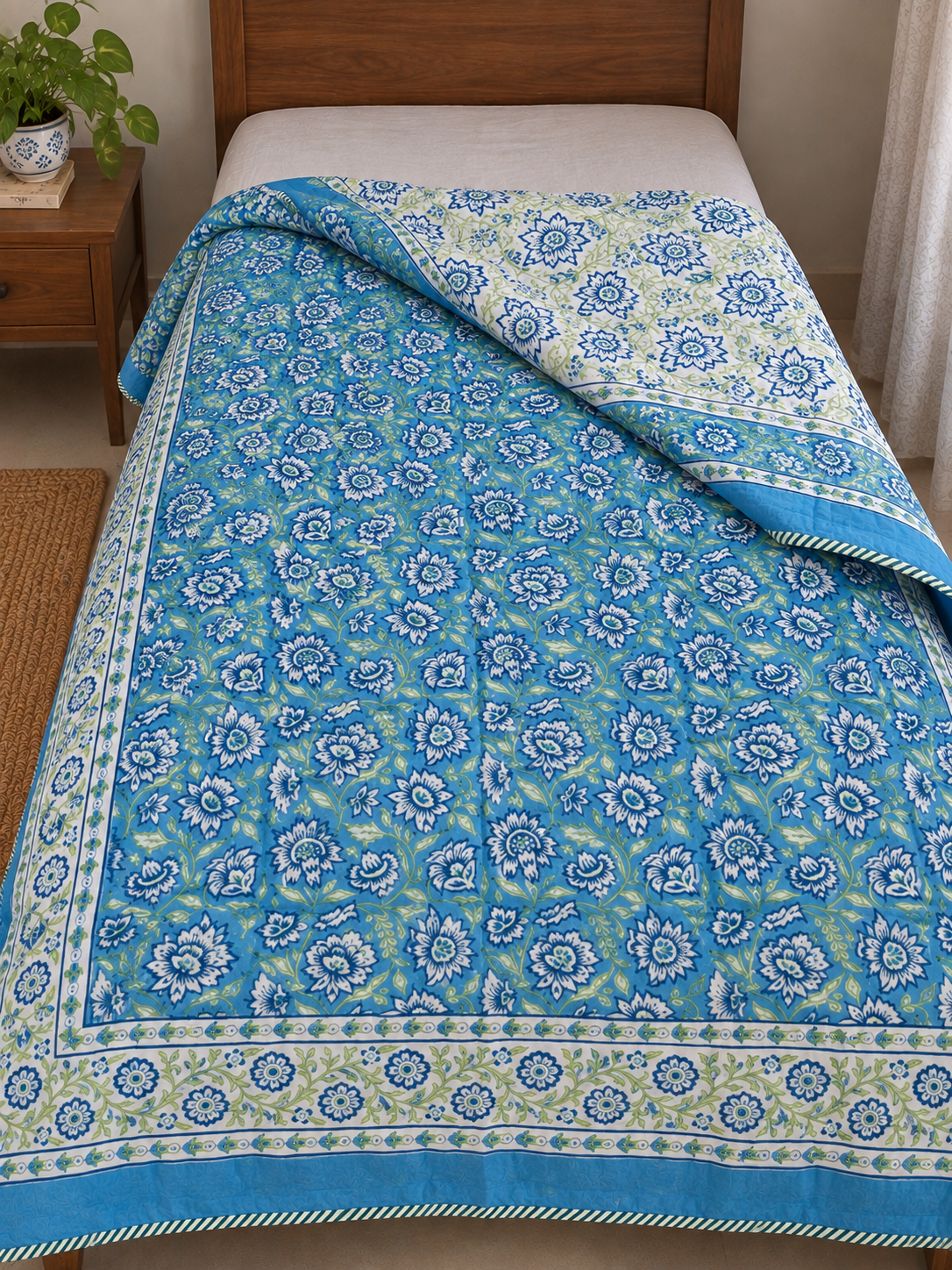 Reversible Hand Block Printed Light Blue Single Bed Dohar